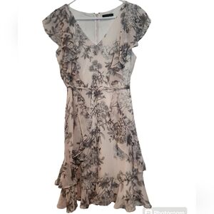 Tommy Hilfiger pink gray floral print sleeveless ruffle cocktail dress SZ 14